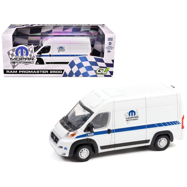 2018 RAM ProMaster 2500 Cargo High Roof Van "MOPAR Performance" White with Blue Stripes 1/43 Diecast Model Car by Greenlight