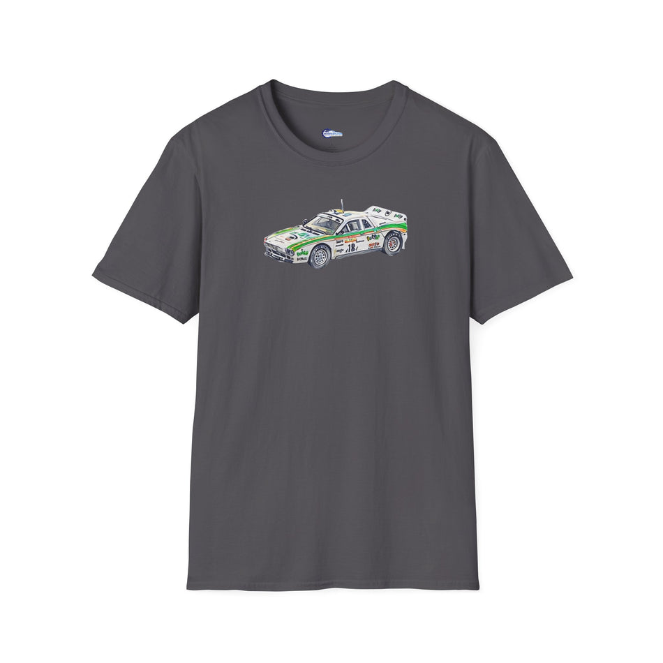 Lancia 037 Rally #18 Miki Biasion - Tiziano Siviero "Rallye Sanremo" (1983) - Cartoon Art  - Unisex T-Shirt