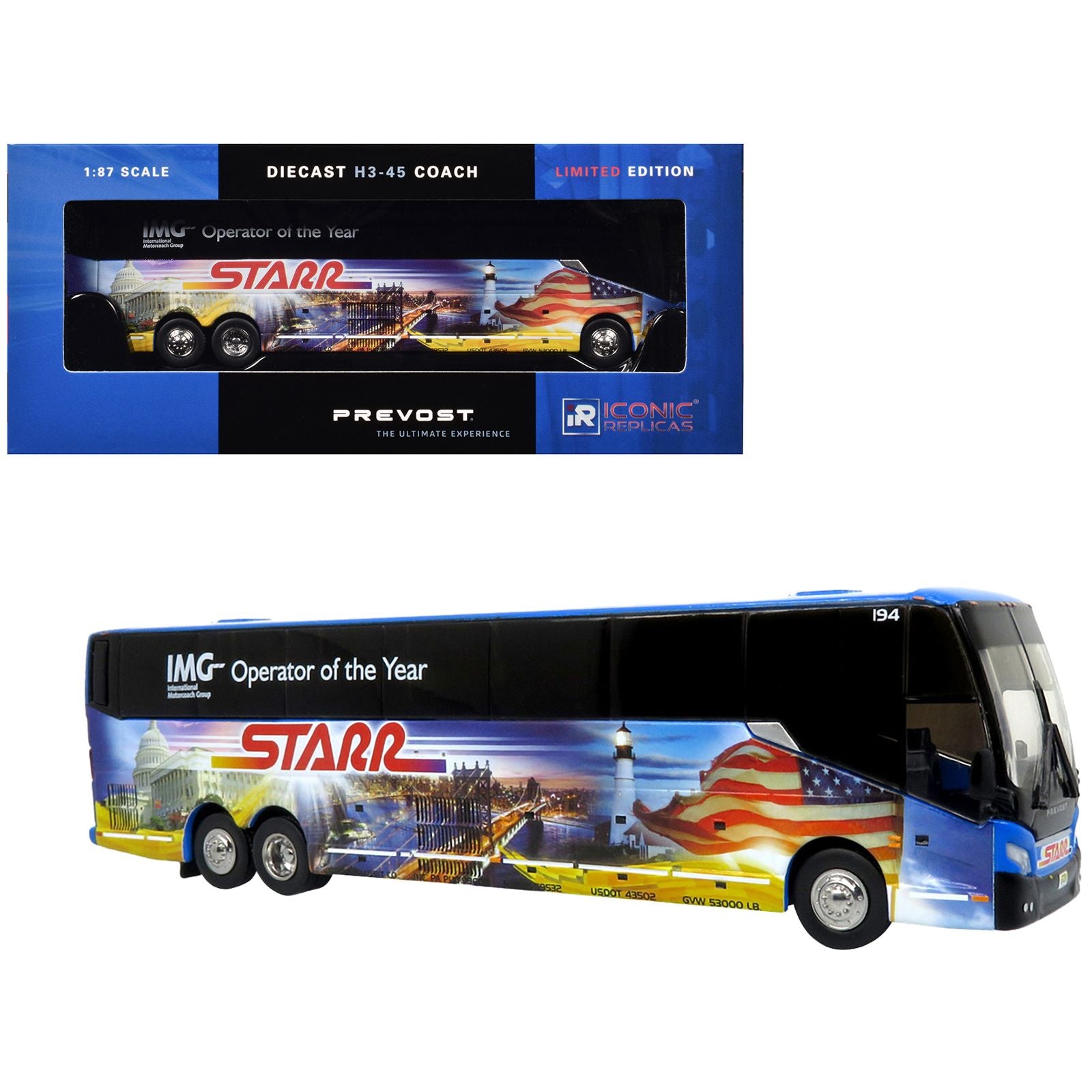 Prevost H3-45 Coach Bus "Starr Tours" Blue with Graphics Limited Edition 1/87 (HO) Diecast Model by Iconic Replicas