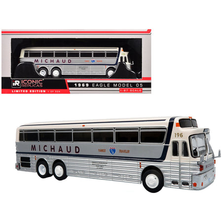 1969 Eagle Model 05 Coach Bus "Michaud Bus Lines Yankee Traveler" White and Silver with Black Stripes Limited Edition to 504 pieces Worldwide 1/87 (HO) Diecast Model by Iconic Replicas
