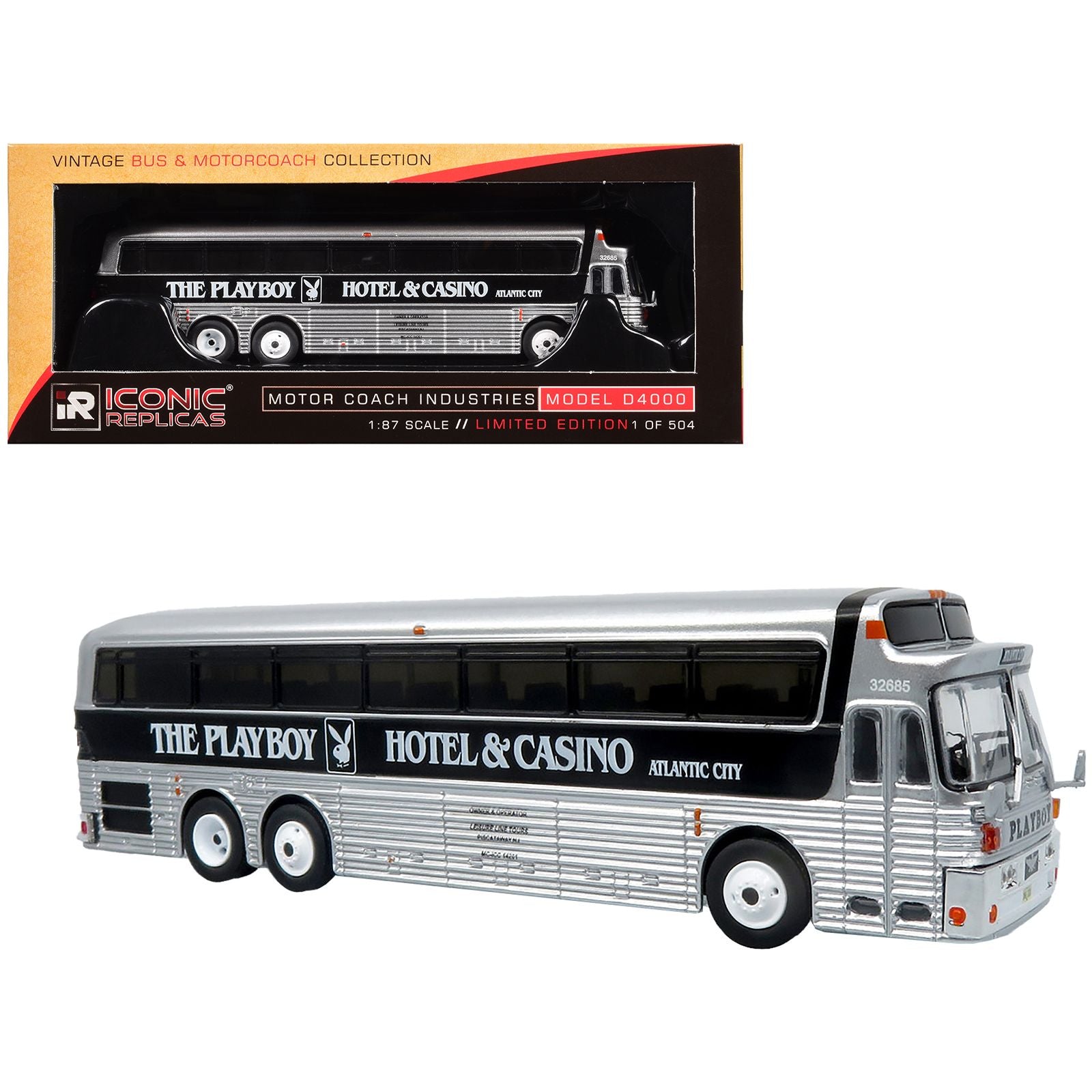 1969 Eagle Model 05 Coach Bus "The Playboy Hotel & Casino" Silver and Black Limited Edition to 504 pieces Worldwide 1/87 (HO) Diecast Model by Iconic Replicas