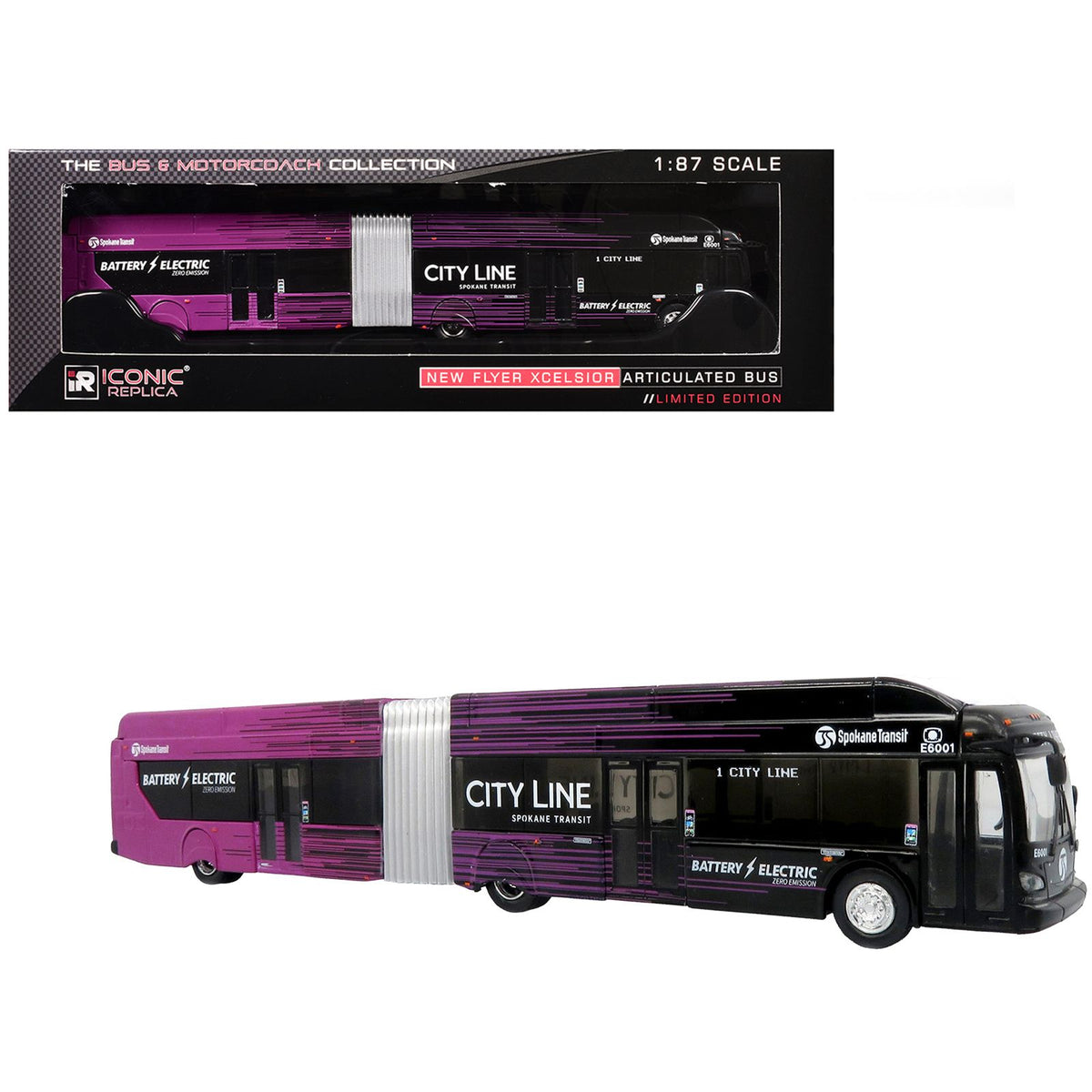 New Flyer Xcelsior XE60 Articulated Transit Bus "Spokane Transit City Line" Black and Purple "The Bus & Motorcoach Collection" Limited Edition 1/87 (HO) Diecast Model by Iconic Replicas