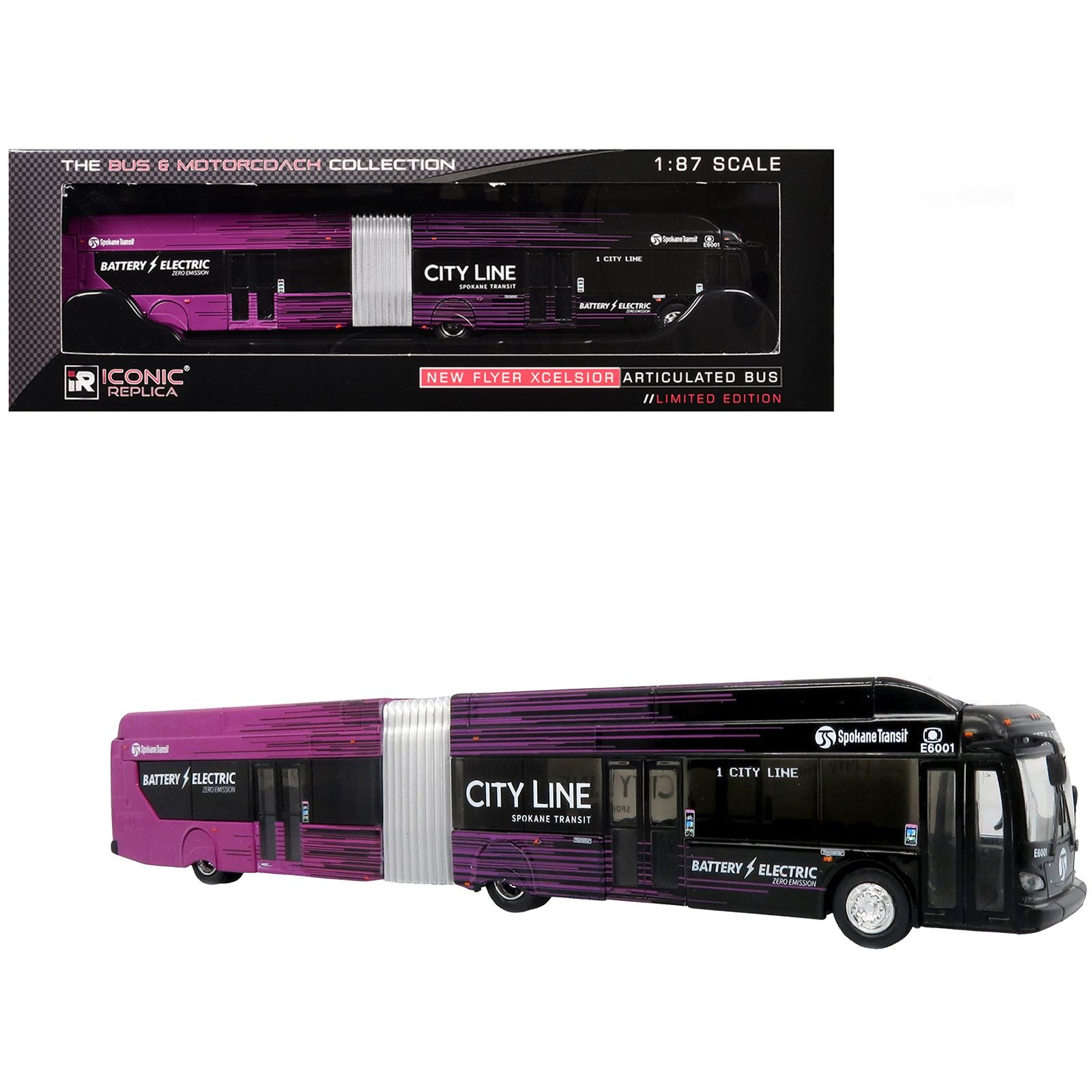New Flyer Xcelsior XE60 Articulated Transit Bus "Spokane Transit City Line" Black and Purple "The Bus & Motorcoach Collection" Limited Edition 1/87 (HO) Diecast Model by Iconic Replicas