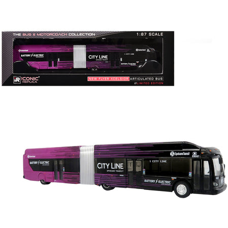 New Flyer Xcelsior XE60 Articulated Transit Bus "Spokane Transit City Line" Black and Purple "The Bus & Motorcoach Collection" Limited Edition 1/87 (HO) Diecast Model by Iconic Replicas