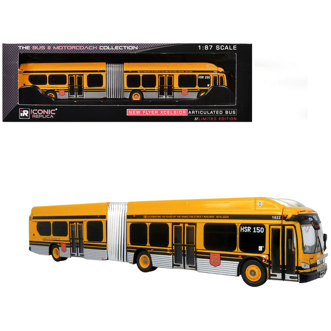 New Flyer Xcelsior XE60 Articulated Transit Bus "Hamilton Street Railway - 150th Anniversary" Yellow with Black Stripes "The Bus & Motorcoach Collection" Limited Edition 1/87 (HO) Diecast Model by Iconic Replicas