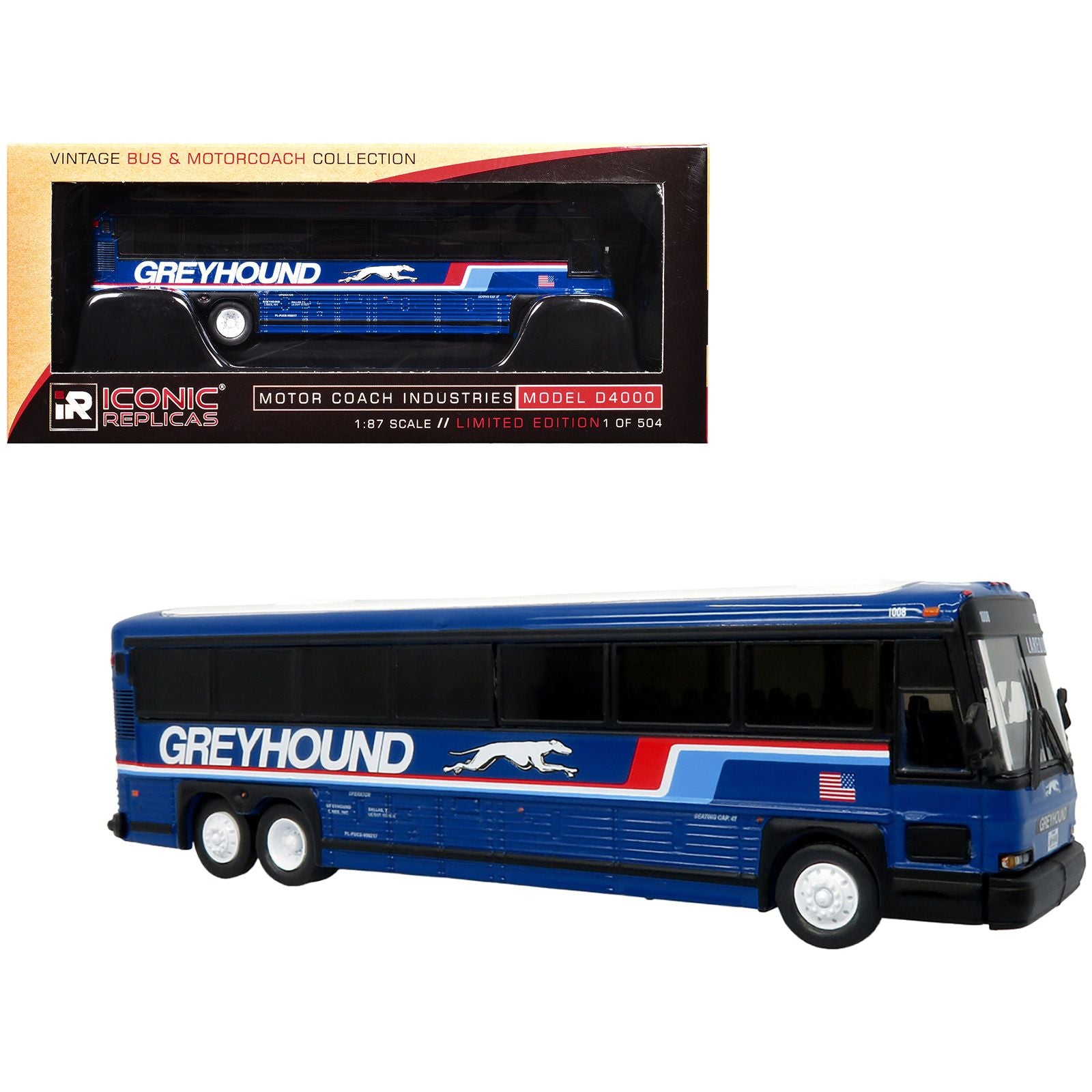 2001 MCI D4000 Coach Bus "Greyhound" Blue with Stripes "Vintage Bus & Motorcoach Collection" Limited Edition to 504 pieces Worldwide 1/87 (HO) Diecast Model by Iconic Replicas