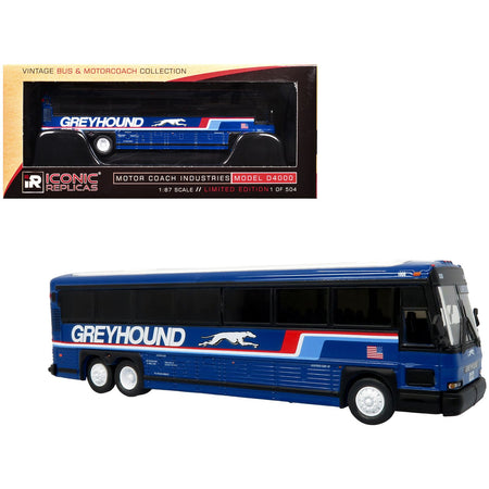 2001 MCI D4000 Coach Bus "Greyhound" Blue with Stripes "Vintage Bus & Motorcoach Collection" Limited Edition to 504 pieces Worldwide 1/87 (HO) Diecast Model by Iconic Replicas