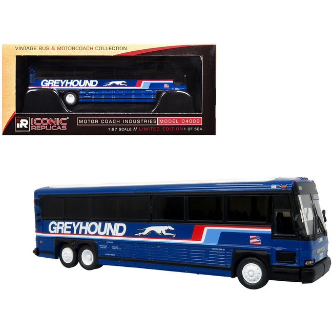 2001 MCI D4000 Coach Bus "Greyhound" Blue with Stripes "Vintage Bus & Motorcoach Collection" Limited Edition to 504 pieces Worldwide 1/87 (HO) Diecast Model by Iconic Replicas
