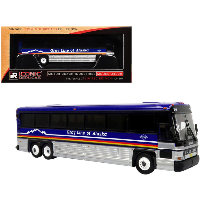 2001 MCI D4000 Coach Bus "Gray Line of Alaska" Dark Blue with Stripes "Vintage Bus & Motorcoach Collection" Limited Edition to 504 pieces Worldwide 1/87 (HO) Diecast Model by Iconic Replicas