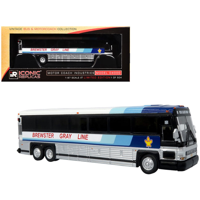 2001 MCI D4000 Coach Bus "Brewster Gray Line" White with Blue Stripes "Vintage Bus & Motorcoach Collection" Limited Edition to 504 pieces Worldwide 1/87 (HO) Diecast Model by Iconic Replicas
