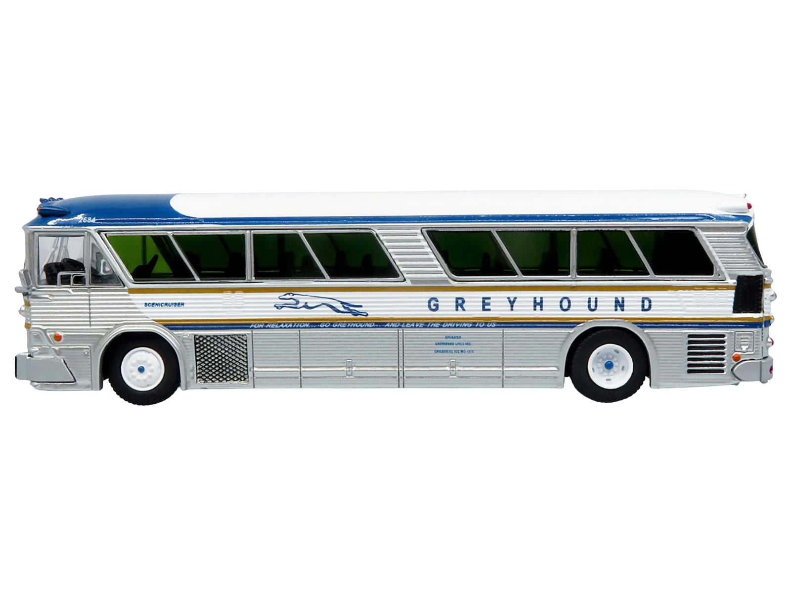 Greyhound bus model, silver and blue.