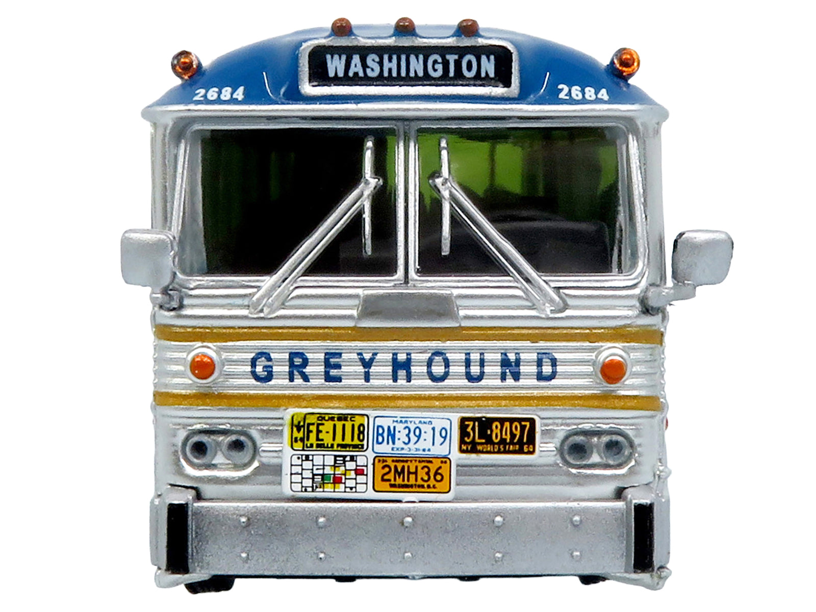 Model Greyhound bus with Washington sign.