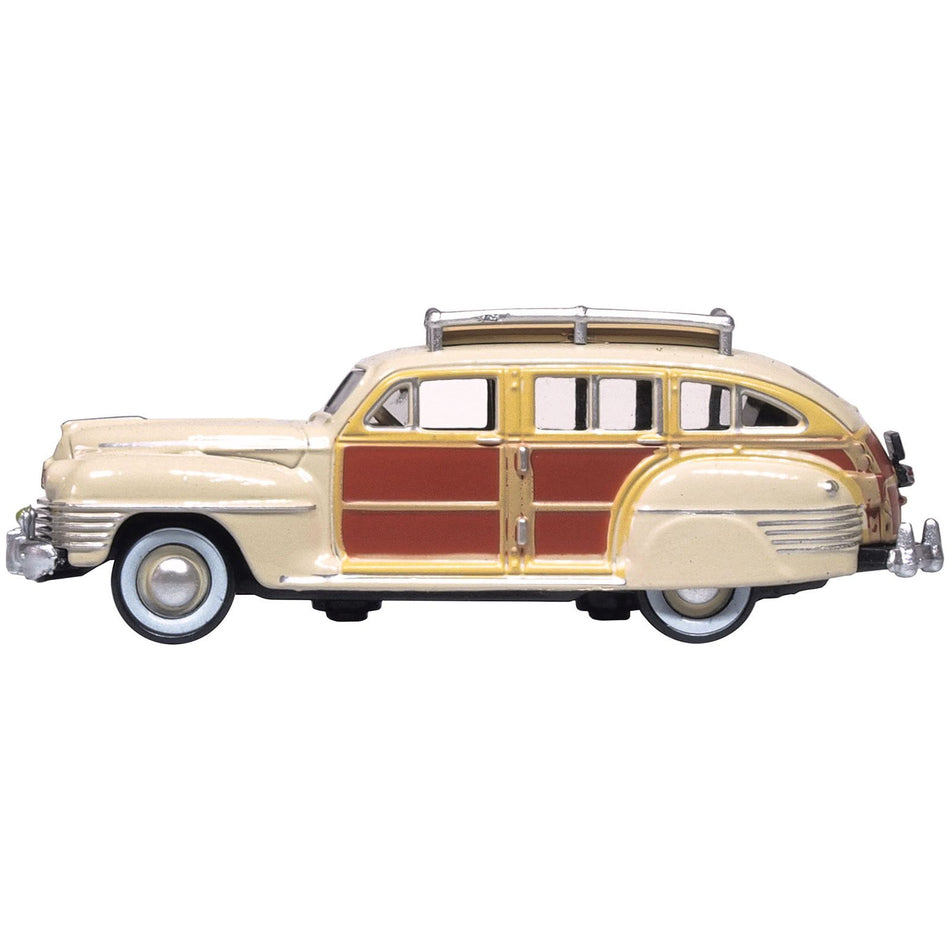 1942 Chrysler Town & Country Woody Wagon Catalina Tan with Wood Panels and Roof Rack 1/87 (HO) Scale Diecast Model Car by Oxford Diecast