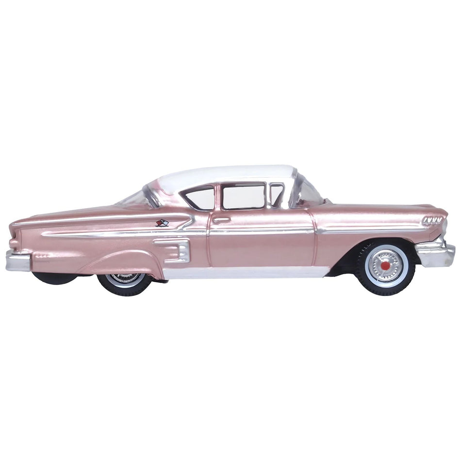 1958 Chevrolet Impala Sport Cay Coral Pink Metallic with White Top 1/87 (HO) Scale Diecast Model Car by Oxford Diecast