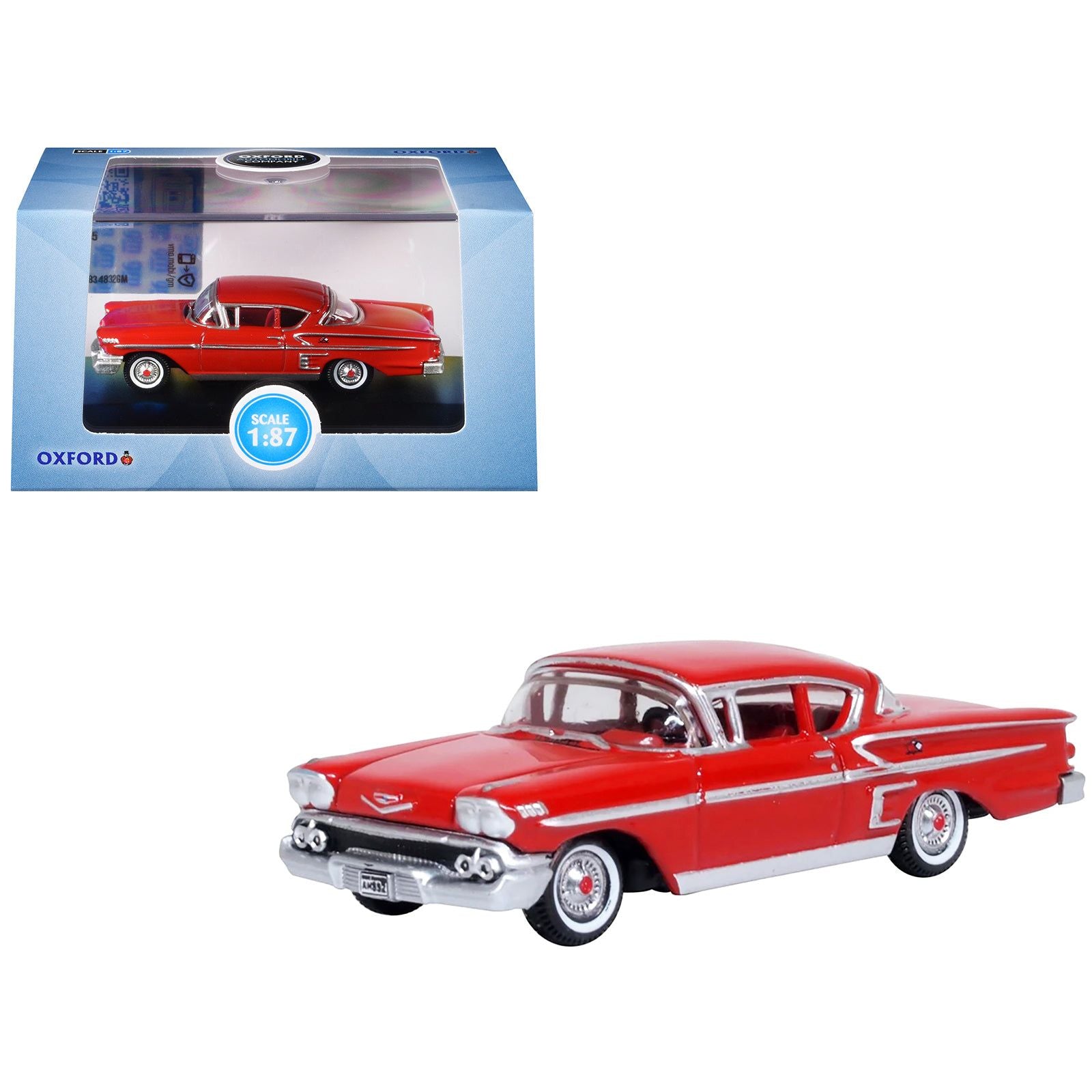 1958 Chevrolet Impala Sports Coupe Rio Red 1/87 (HO) Scale Diecast Model Car by Oxford Diecast