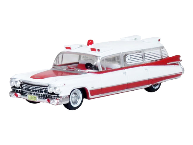 1959 Cadillac Miller-Meteor Ambulance Red and White 1/100 Scale Diecast Model Car by Oxford Diecast