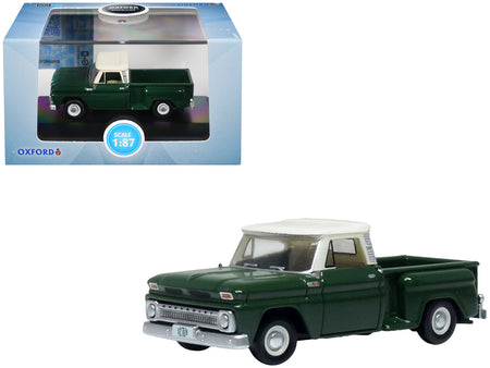 1965 Chevrolet C10 Stepside Pickup Truck Dark Green with Ivory Top 1/87 (HO) Scale Diecast Model Car by Oxford Diecast