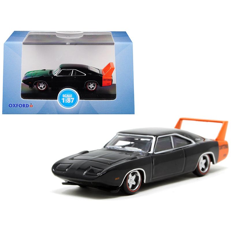 1969 Dodge Charger Daytona Black with Orange Stripe 1/87 (HO) Scale Diecast Model Car by Oxford Diecast