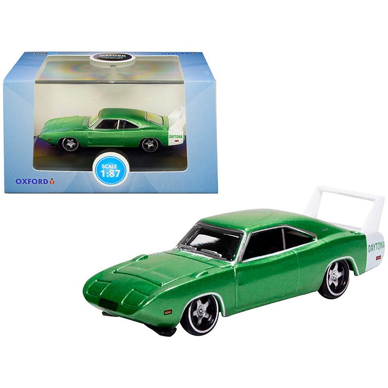 1969 Dodge Charger Daytona Metallic Bright Green with White Stripe 1/87 (HO) Scale Diecast Model Car by Oxford Diecast