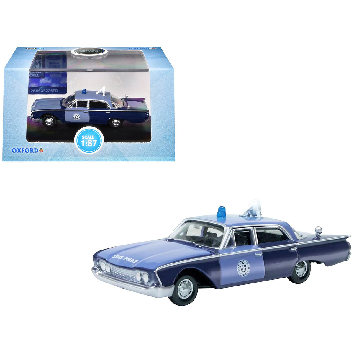 1960 Ford Fairlane Sedan "Massachusetts State Police Radar Car" Blue Two-Tone 1/87 (HO) Scale Diecast Model Car by Oxford Diecast