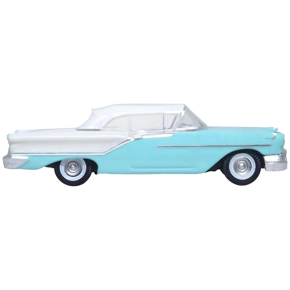 1957 Oldsmobile 88 Convertible (Top-Up) Banff Blue and Alcan White with White 1/87 (HO) Scale Diecast Model Car by Oxford Diecast