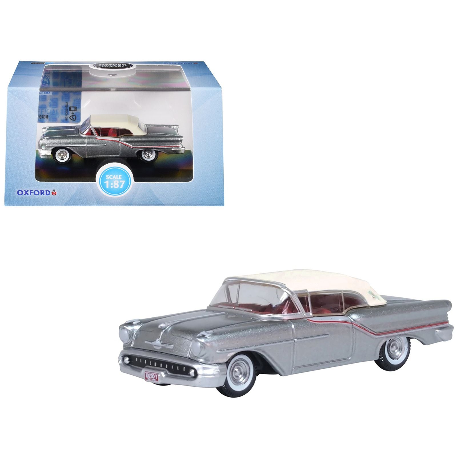 1957 Oldsmobile 88 Convertible (Top-Up) Juneau Gray with White Top and Red Interior 1/87 (HO) Scale Diecast Model Car by Oxford Diecast