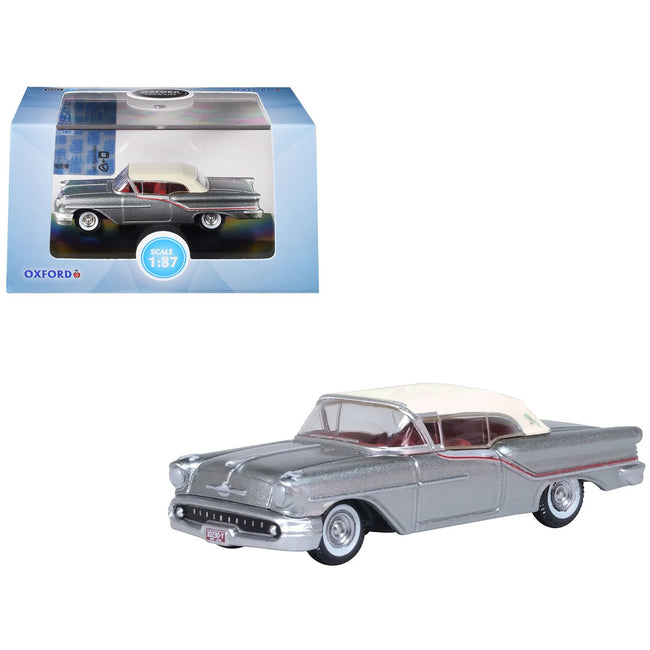 1957 Oldsmobile 88 Convertible (Top-Up) Juneau Gray with White Top and Red Interior 1/87 (HO) Scale Diecast Model Car by Oxford Diecast