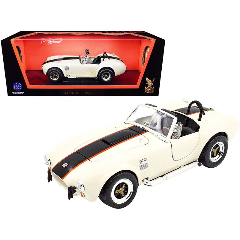 1964 Shelby Cobra 427 S/C Roadster Cream with Black and Orange Stripes 1/18 Diecast Model Car by Road Signature