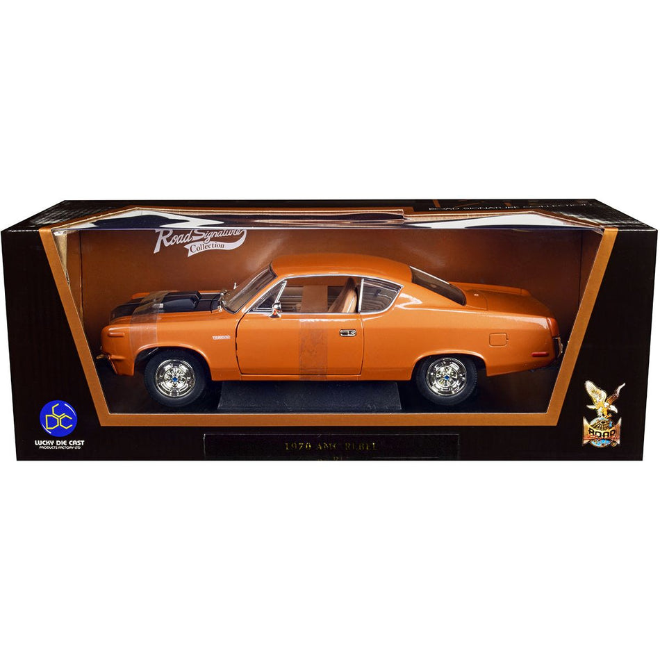 1970 AMC Rebel Brown Metallic with Matt Black Hood and Silver Stripes 1/18 Diecast Model Car by Road Signature