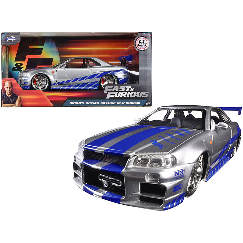 Brian's Nissan GTR Skyline R34 RHD (Right Hand Drive) Silver with Blue Stripes "Fast & Furious" Movie 1/24 Diecast Model Car by Jada