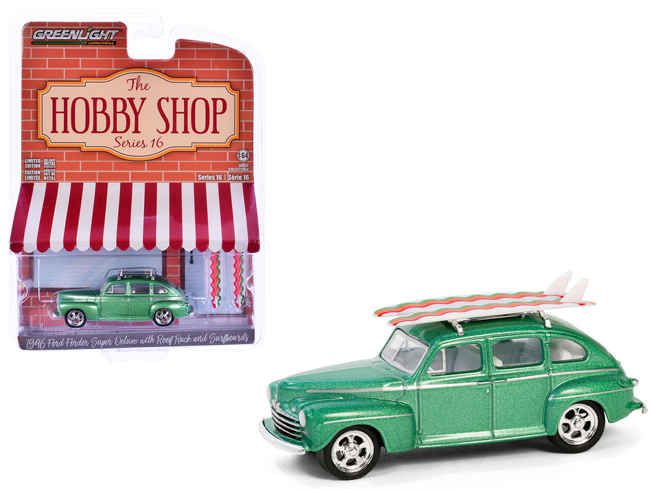 1946 Ford Fordor Super Deluxe Green Metallic with White Interior and Roof Rack with Surfboards "The Hobby Shop" Series 16 1/64 Diecast Model Car by Greenlight