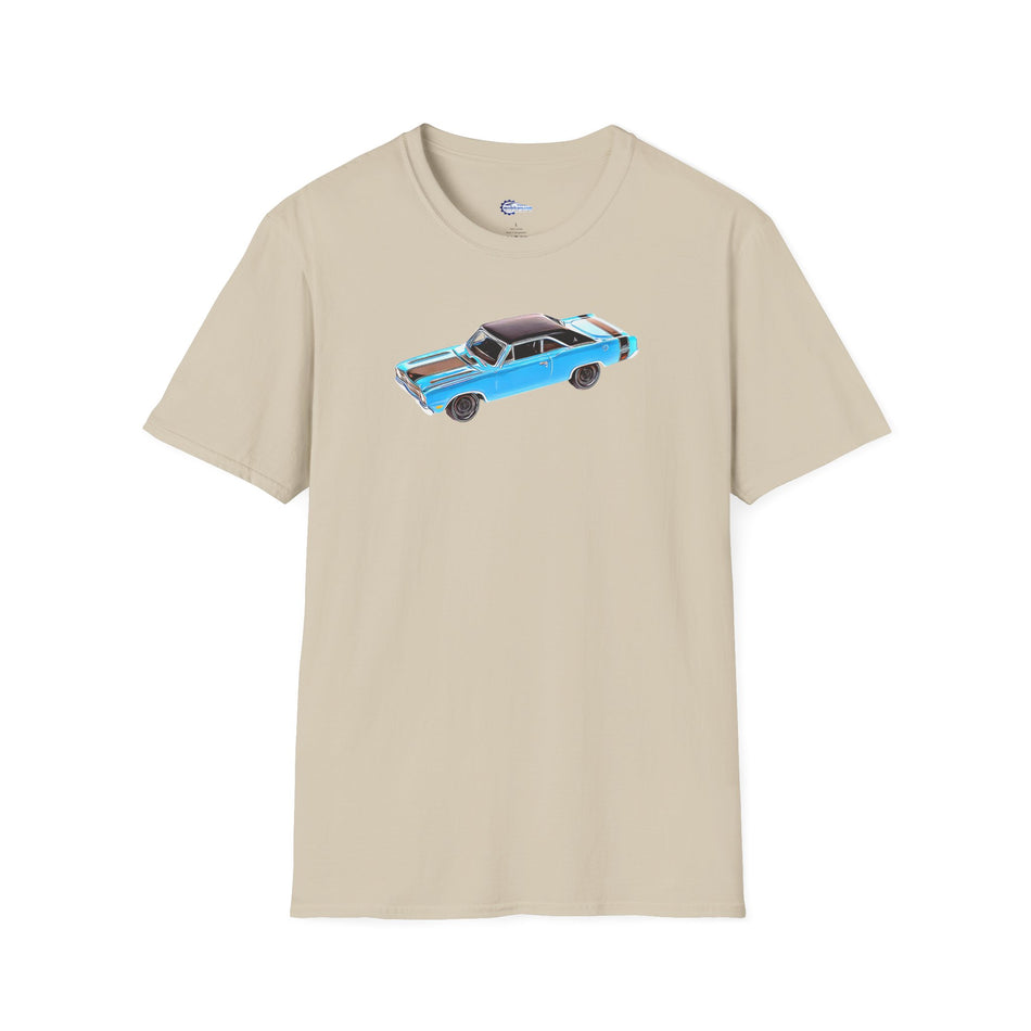 Cartoon Art 1969 Dodge Dart GTS 340 Blue with Black Top and Stripes "Goodyear Blue Streak"  Inspired T-Shirt - American Muscle