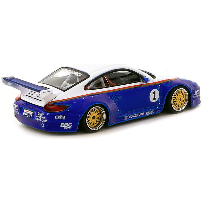 997 Old & New Body Kit 1 Blue Metallic and White with Stripes "Recaro" "Hobby64" Series 1/64 Diecast Model Car by Tarmac Works - Tarmac Works - ModelCars.com