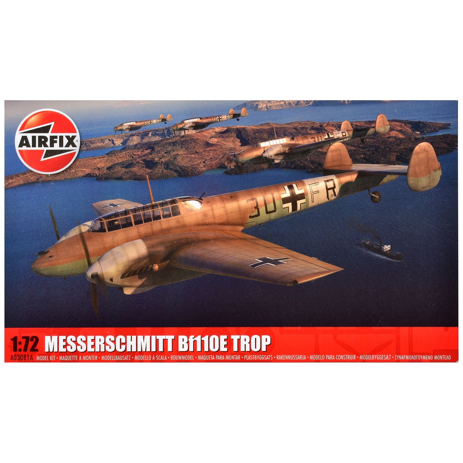 Level 2 Model Kit Messerschmitt Bf110E/E-2 TROP Fighter Aircraft with 2 Scheme Options 1/72 Plastic Model Kit by Airfix