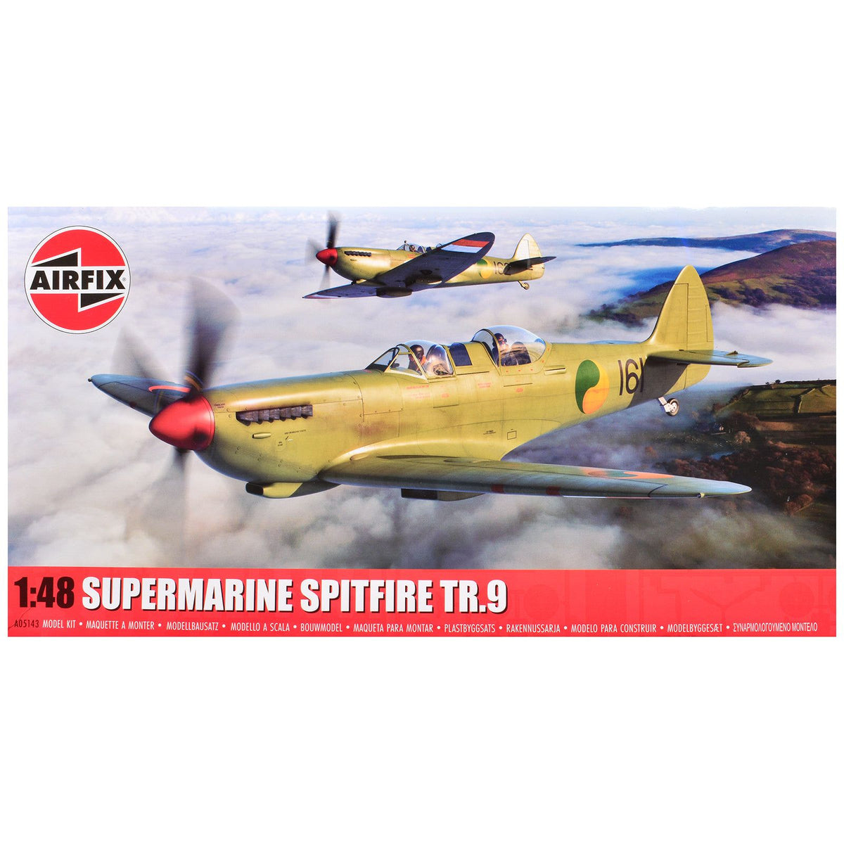 Level 2 Model Kit Supermarine Spitfire Tr.9 Fighter Aircraft with 2 Scheme Options 1/48 Plastic Model Kit by Airfix