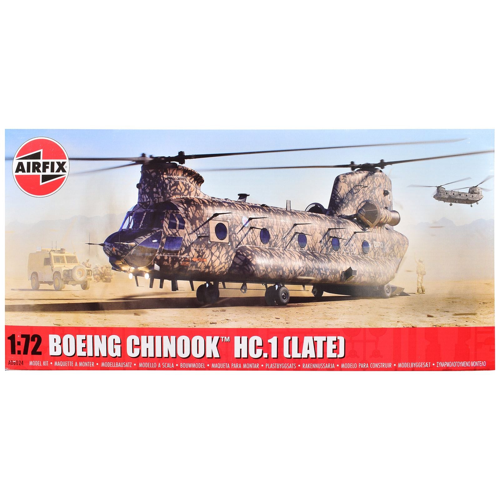 Level 3 Model Kit Boeing Chinook HC.1 (Late Production) Helicopter with 2 Scheme Options 1/72 Plastic Model Kit by Airfix