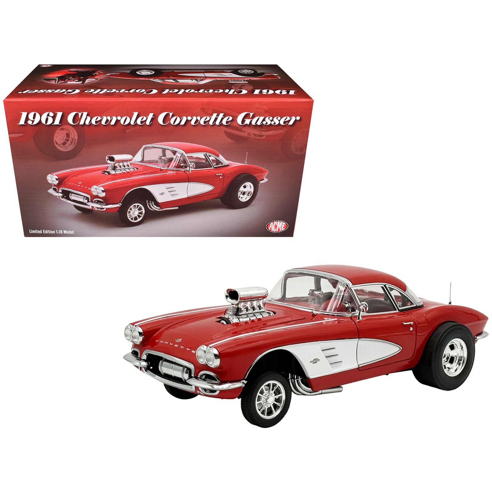 1961 Chevrolet Corvette Gasser Roman Red with Red Interior Limited Edition to 300 pieces Worldwide 1/18 Diecast Model Car by ACME