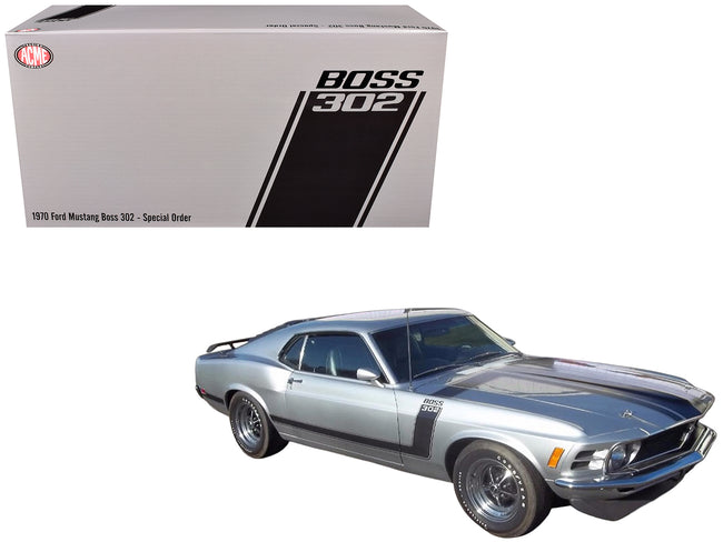 1970 Ford Mustang BOSS 302 "Special Order" Light Silver Metallic with Black Stripes Limited Edition to 302 pieces Worldwide 1/18 Diecast Model Car by ACME