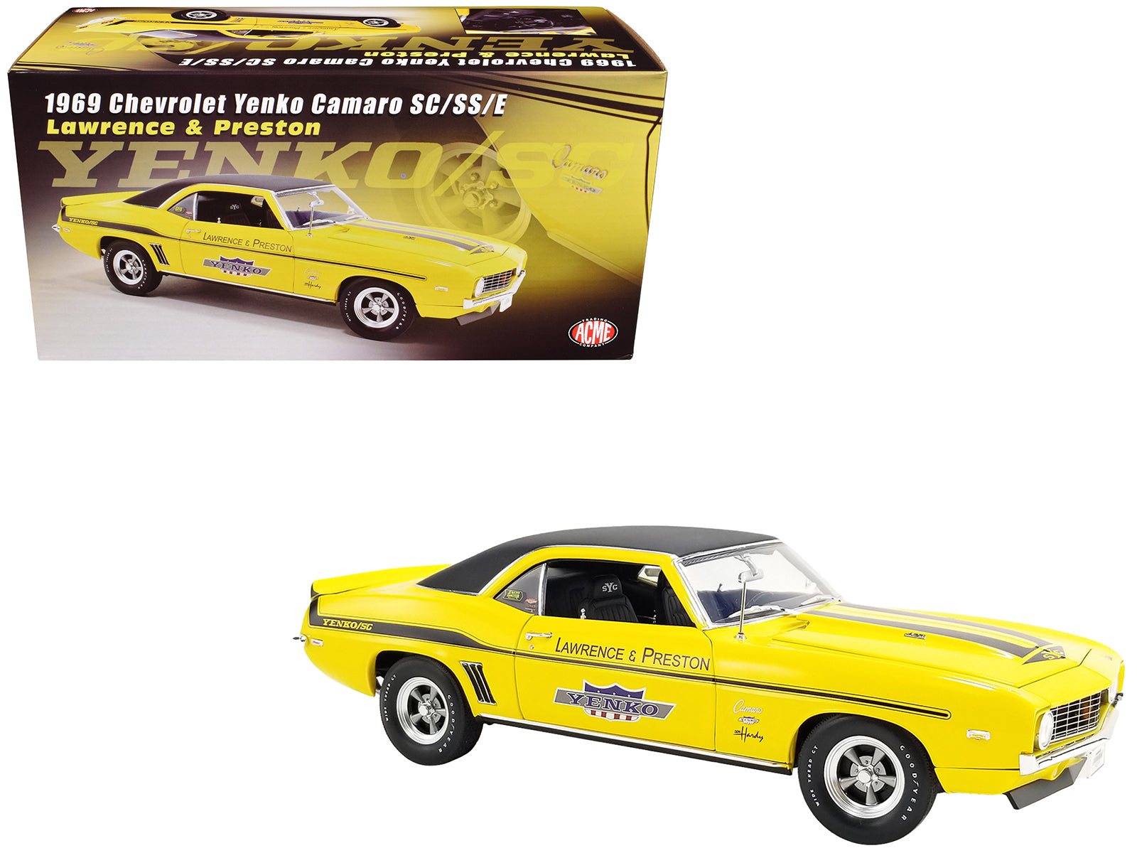 1969 Chevrolet Yenko Camaro SC/SS/E "Lawrence & Preston" Daytona Yellow with Black Stripes and Black Vinyl Top Limited Edition to 290 pieces Worldwide 1/18 Die Cast Model Car by ACME