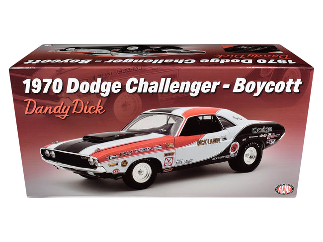 1970 Dodge Challenger "Boycott - 'Dandy' Dick Landy" White with Black and Red Stripes and Graphics Limited Edition to 500 pieces Worldwide 1/18 Diecast Model Car by ACME