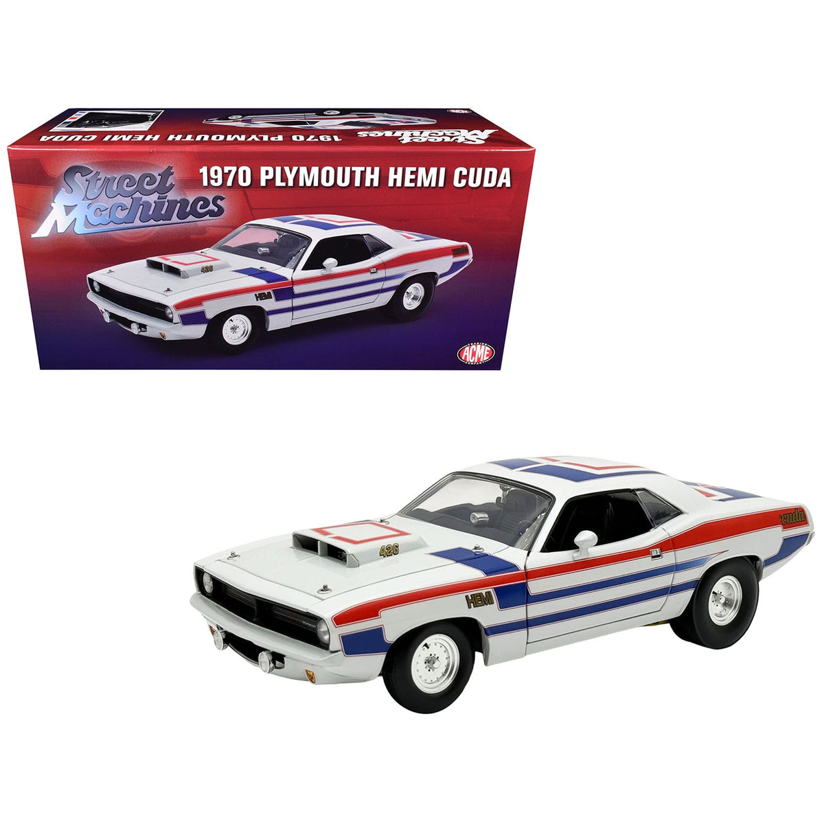 1970 Plymouth HEMI Cuda "Street Machine" White with Red and Blue Stripes Limited Edition to 366 pieces Worldwide 1/18 Diecast Model Car by ACME