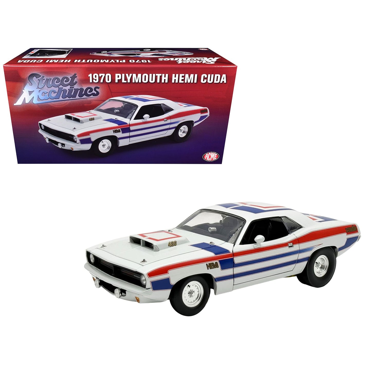 1970 Plymouth HEMI Cuda "Street Machine" White with Red and Blue Stripes Limited Edition to 366 pieces Worldwide 1/18 Diecast Model Car by ACME