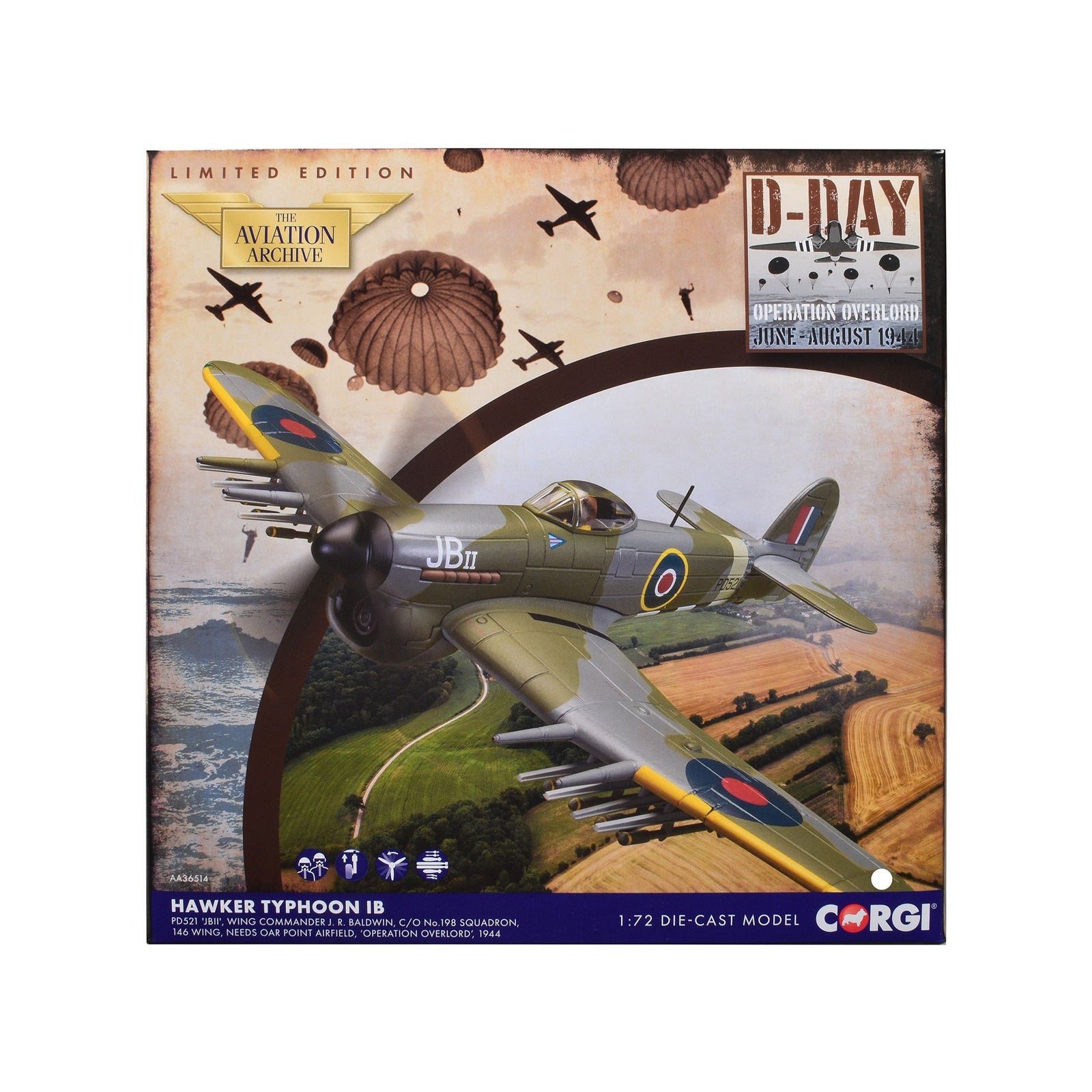 Hawker Typhoon IB Fighter-Bomber Aircraft "JB II No. 198 Squadron 146 Wing" (1944) British Royal Air Force "The Aviation Archive" Series 1/72 Diecast Model by Corgi