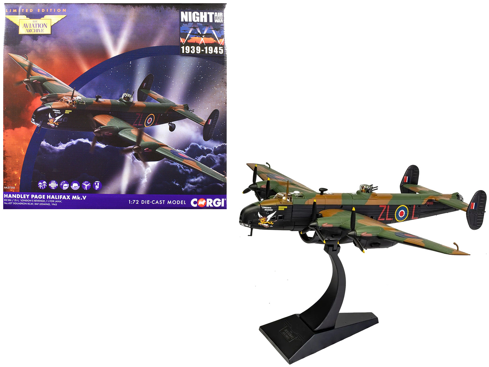 Handley Page Halifax MkV Bomber Aircraft "DK186 London’s Revenge - L for Lana No. 427 Squadron RAF Leeming" (1943) Royal Canadian Air Force "The Aviation Archive" Series 1/72 Diecast Model by Corgi