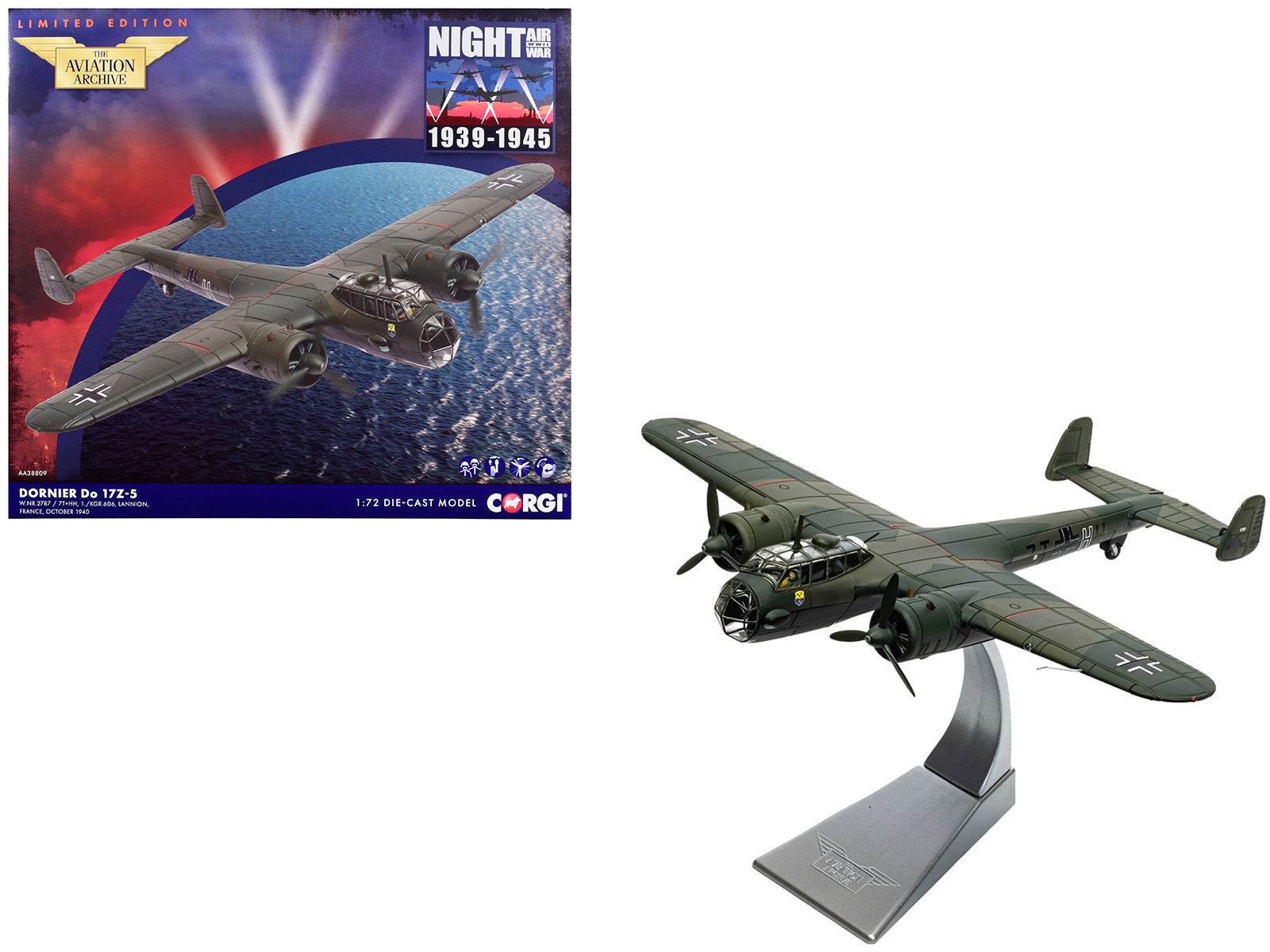 Dornier Do 17Z-5 Aircraft "7T+HH W.Nr.2787 KGR.606 Lannion France" (1940) German Luftwaffe "The Aviation Archive" Series 1/72 Diecast Model Car by Corgi