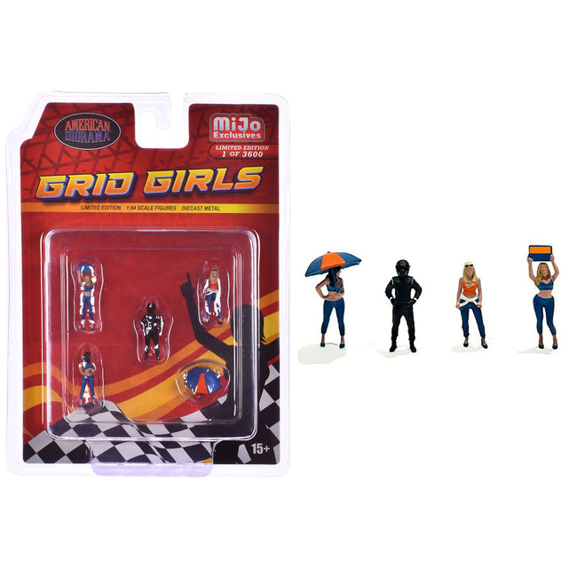 "Grid Girls" 5 piece Diecast Figure Set (4 People Figures 1 Umbrella) Limited Edition to 3600 pieces Worldwide for 1/64 Scale Models by American Diorama