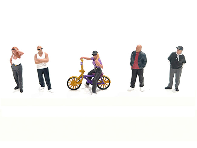 "Lowriders #5" 6 piece (5 People 1 Bicycle) Diecast Figures Set 1/64 Scale Models by American Diorama