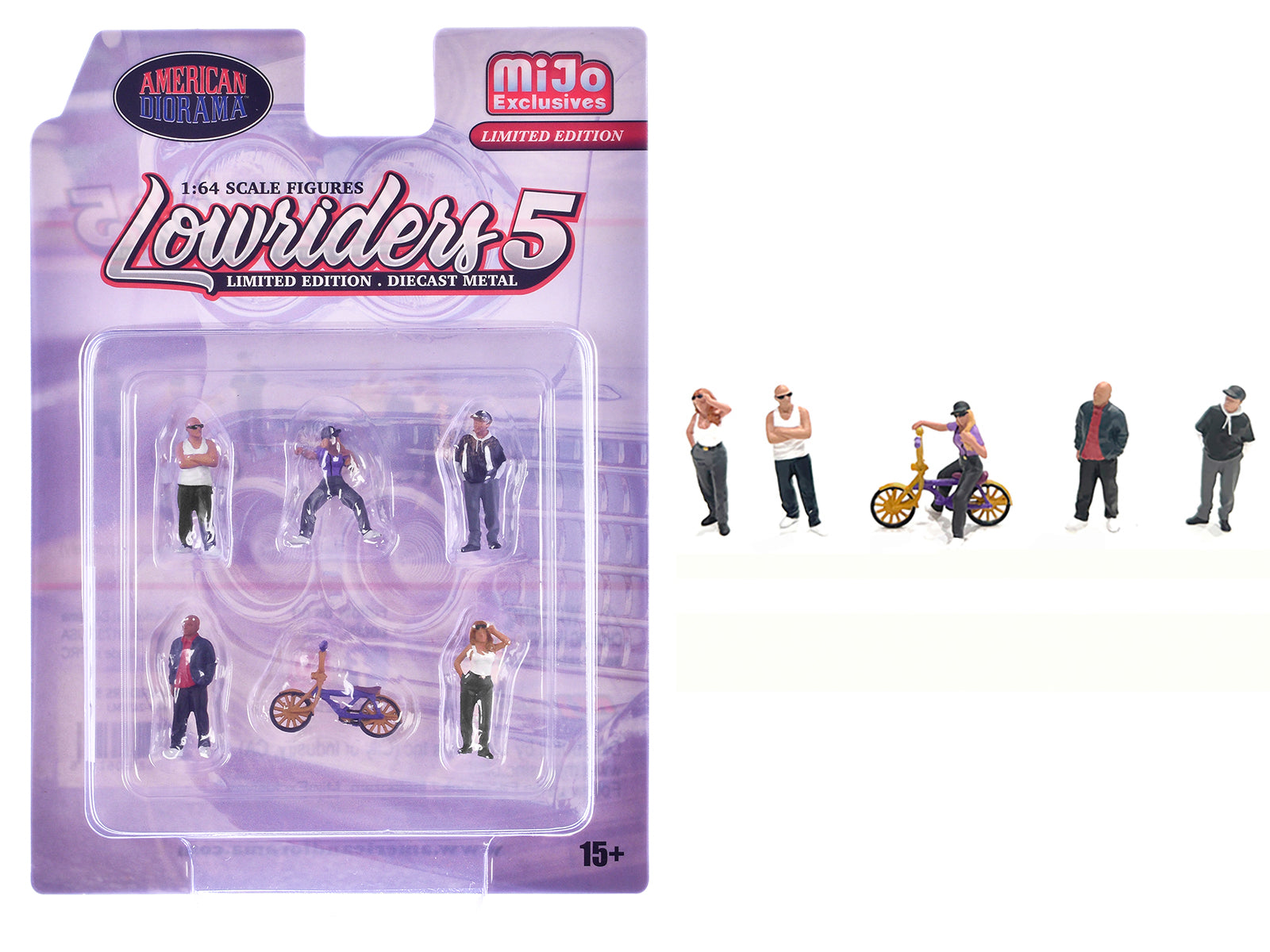 "Lowriders #5" 6 piece (5 People 1 Bicycle) Diecast Figures Set 1/64 Scale Models by American Diorama