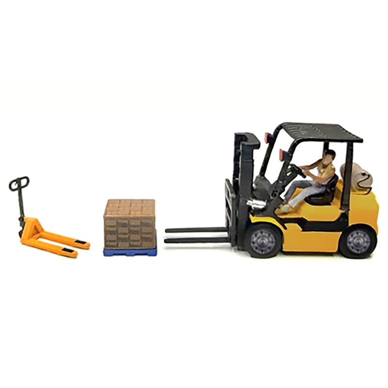 Forklift, pallet jack, and pallet of boxes