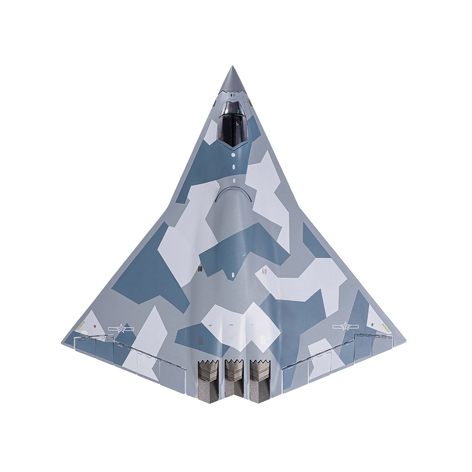 AF1-0323-2 stealth aircraft with camouflage, aerial view